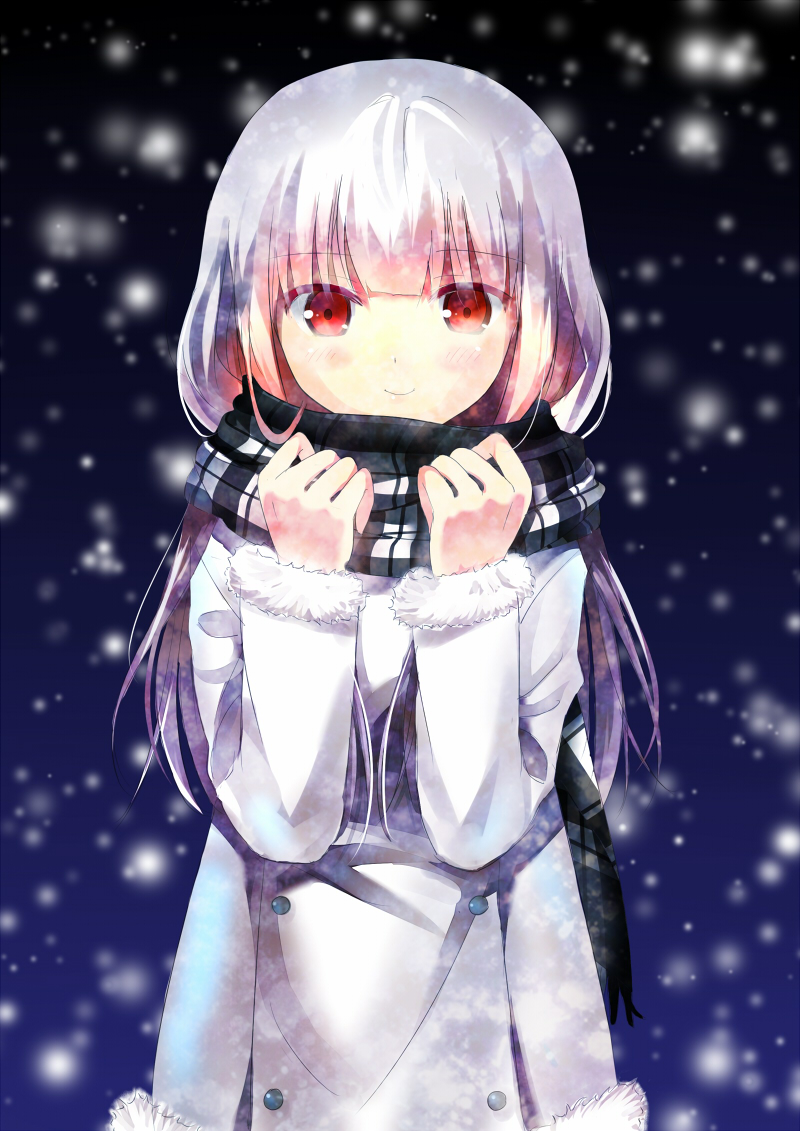 blush, long_hair, looking_at_viewer, original, red_eyes, scarf, shiro_(xinta), smile