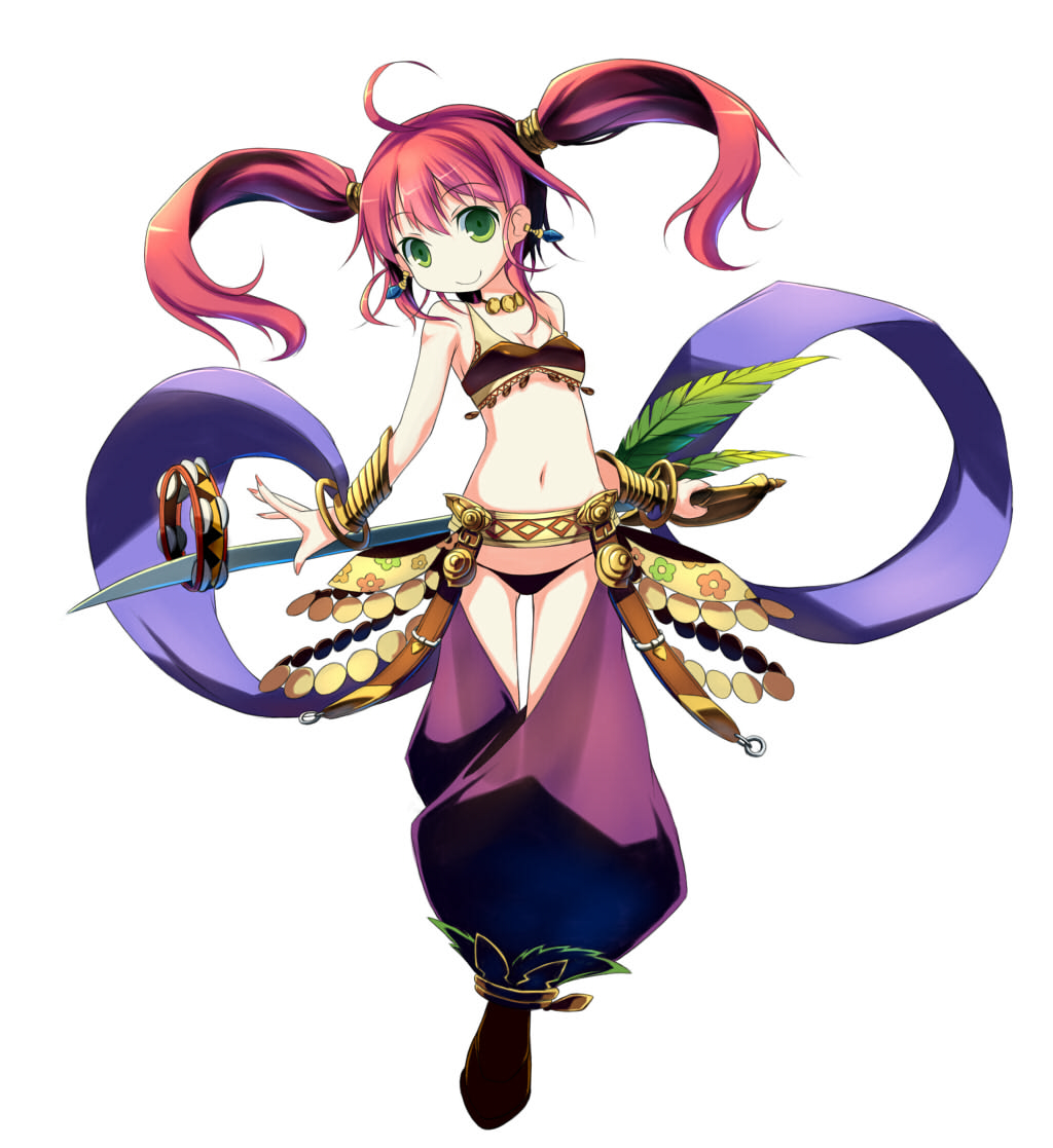 chaps, dancer_(sekaiju), green_eyes, hoshi_no_gen, instrument, long_hair, looking_at_viewer, midriff