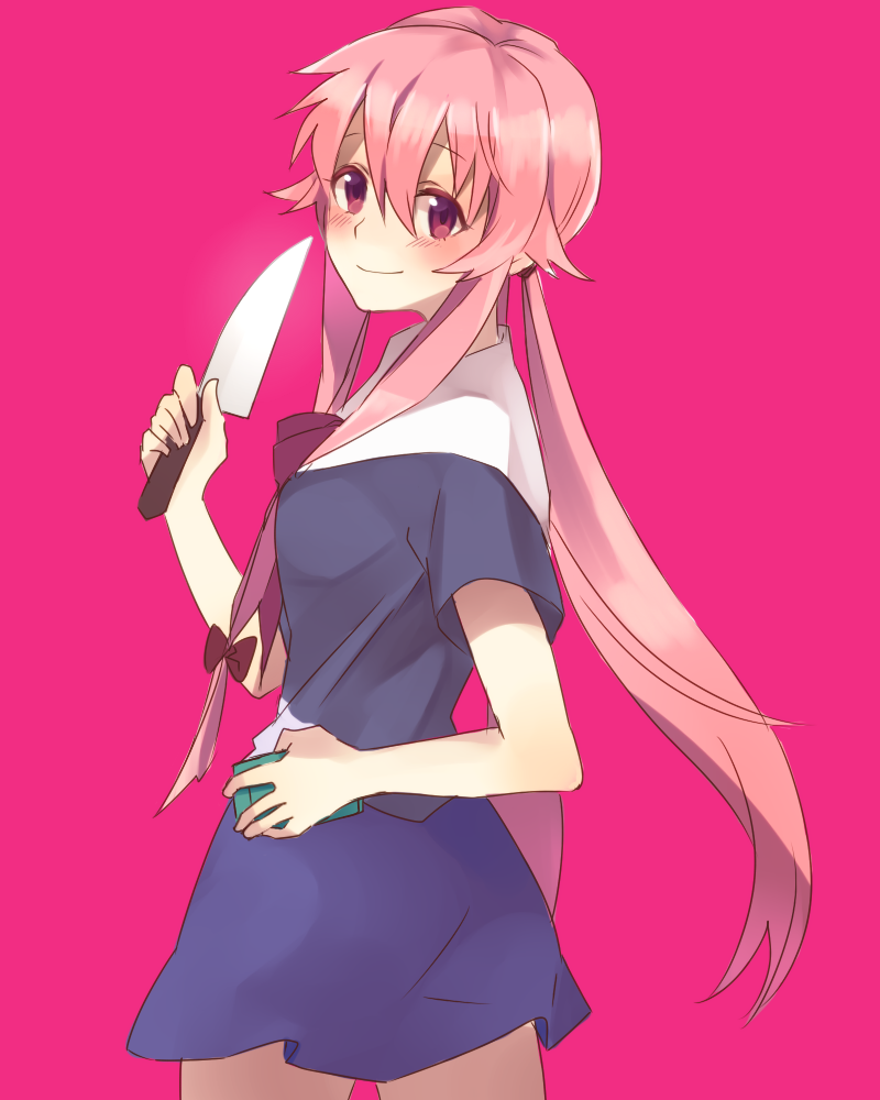 blush, bow, cellphone, gasai_yuno, hair_bow, knife, linaria_(ookinahitomi), looking_back