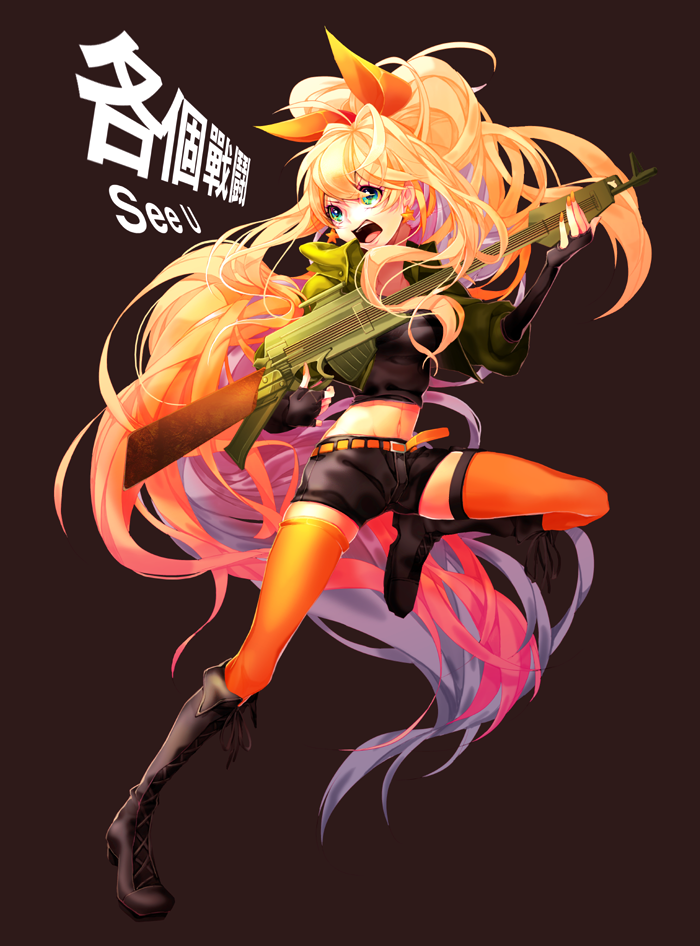 alternate_hairstyle, blonde_hair, blue_eyes, boots, bow, character_name, earrings, gun, hair_bow, hair_ribbon, instrument, jewelry, long_hair, midriff, multicolored_hair, navel, nine, open_mouth, orange_legwear, pink_hair, ponytail, purple_hair, ribbon, rifle, seeu, shorts, simple_background, solo, thigh-highs, thighhighs, very_long_hair, vocaloid, weapon, weaponized_instrument