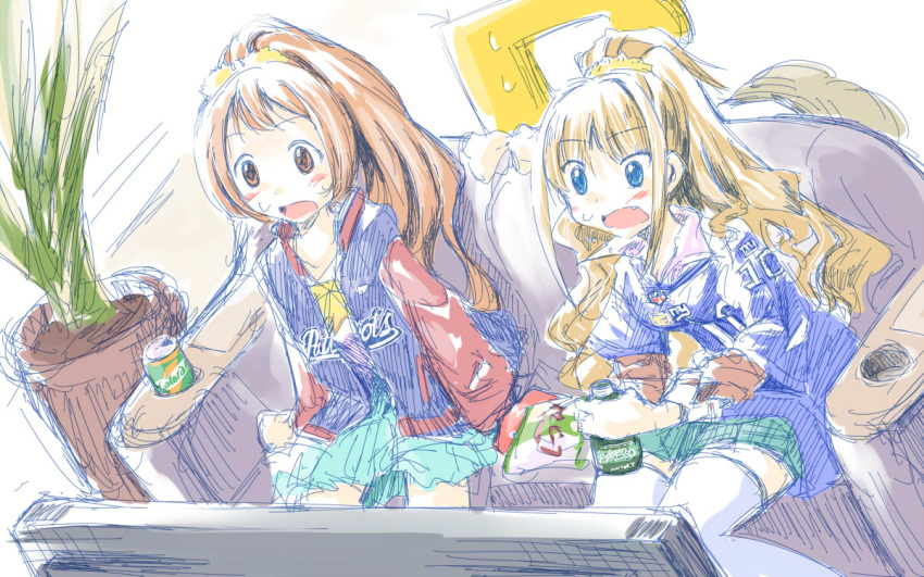 blonde_hair, blue_eyes, blush, brown_eyes, brown_hair, fang, food, hino_akane