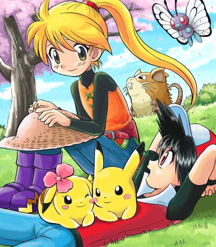 1boy, 1girl, black_hair, blonde_hair, blush, boots, butterfree, chuchu_(pokemon)