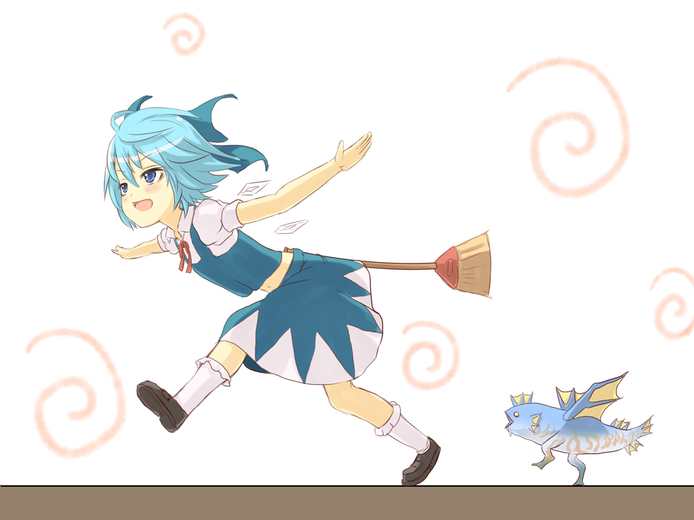 blue_eyes, blue_hair, bow, broom, cirno, crossover, fish, hair_bow