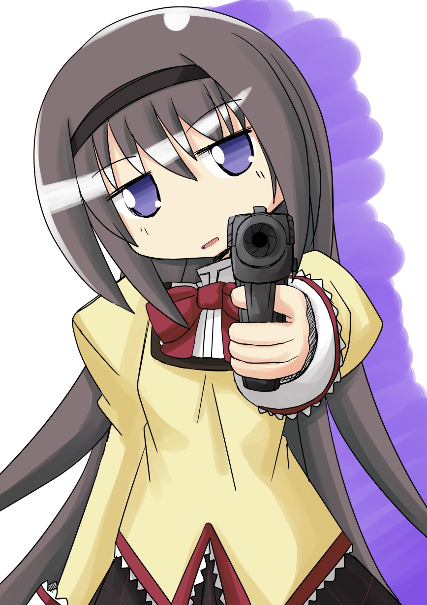 aiming_at_viewer, akemi_homura, black_hair, bow, gun, hairband, highres, long_hair