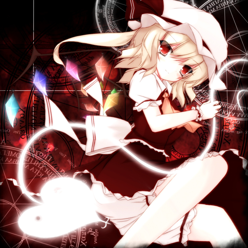 ascot, bad_id, blonde_hair, bloomers, blush, flandre_scarlet, hat, highres, laevatein, magic_circle, red_eyes, ribbon, short_hair, side_ponytail, skirt, skirt_set, smile, solo, the_embodiment_of_scarlet_devil, touhou, wings, yyy3