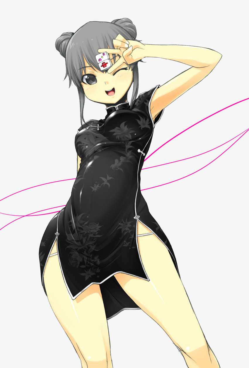 china_dress, chinese_clothes, double_bun, dream_c_club, highres, mahjong, mahjong_tile, onija_tarou, receptionist_(dream_c_club), solo, wink