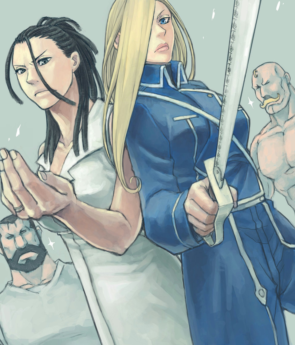 alex_luis_armstrong, bald, beard, black_eyes, black_hair, blonde_hair, blue_eyes, dreadlocks