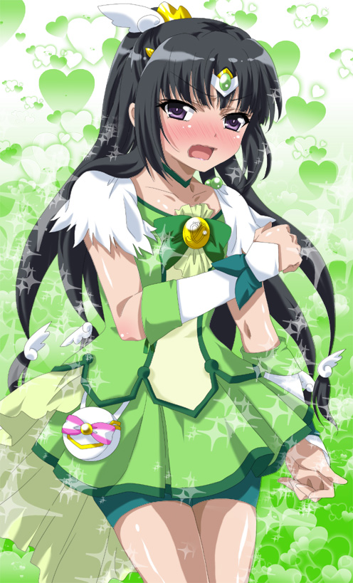 analogstore, bike_shorts, black_hair, blush, boku_wa_tomodachi_ga_sukunai, cosplay, cure_march, cure_march_(cosplay), dress, green, green_background, green_dress, heart, heart_background, inoue_marina, midorikawa_nao_(cosplay), mikazuki_yozora, precure, seiyuu_connection, shorts_under_skirt, smile_precure!, solo, sparkle, wavy_mouth