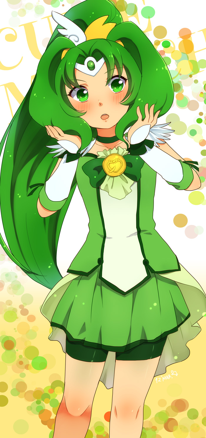 bike_shorts, bowtie, character_name, choker, circlet, cure_march, dress, green_dress