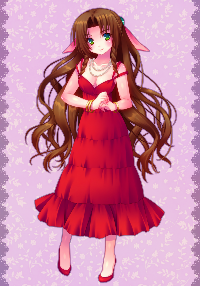 aerith_gainsborough, alternate_costume, alternate_hairstyle, bracelet, brown_hair, dress, final_fantasy, final_fantasy_vii
