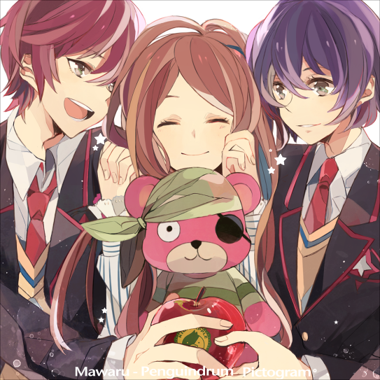 2boys, ^_^, apple, brown_hair, closed_eyes, eyes_closed, food, fruit