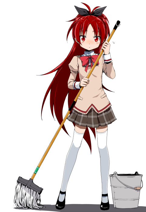 alternate_costume, blush, bucket, hair_ribbon, long_hair, mahou_shoujo_madoka_magica, maskman, mop