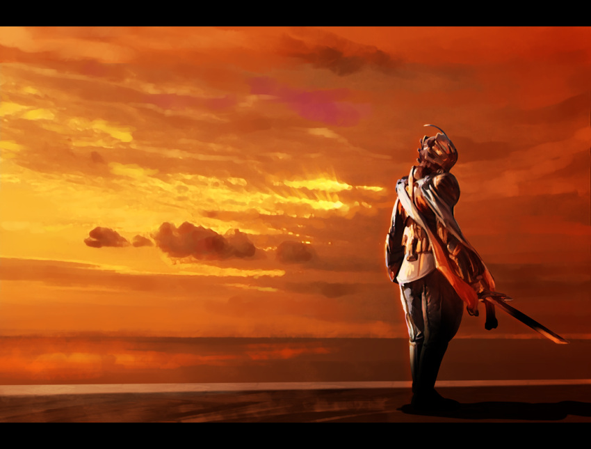 1boy, arms_at_sides, ashi_ura, back, cloud, cloudy_sky, from_behind, holding