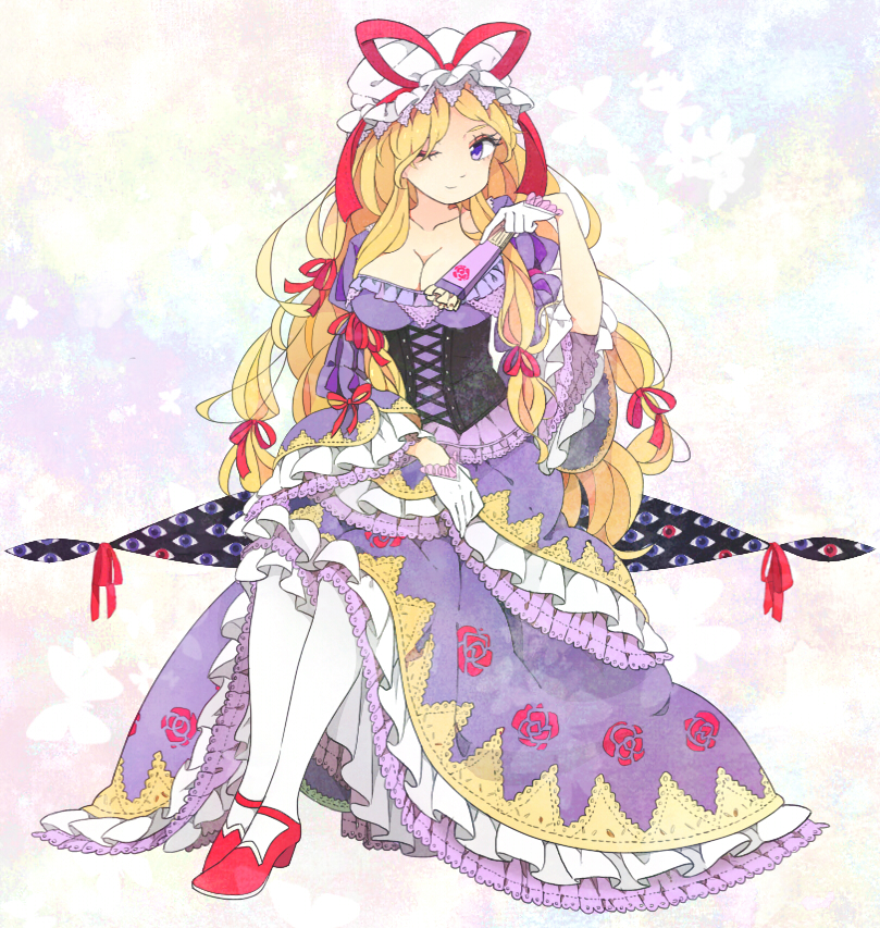 1girl, ;), blonde_hair, bow, breasts, cleavage, corset, dress