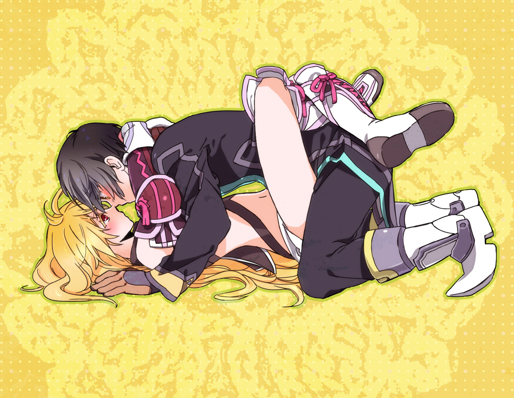 1girl, black_hair, blonde_hair, boots, brown_eyes, couple, eye_contact, gloves