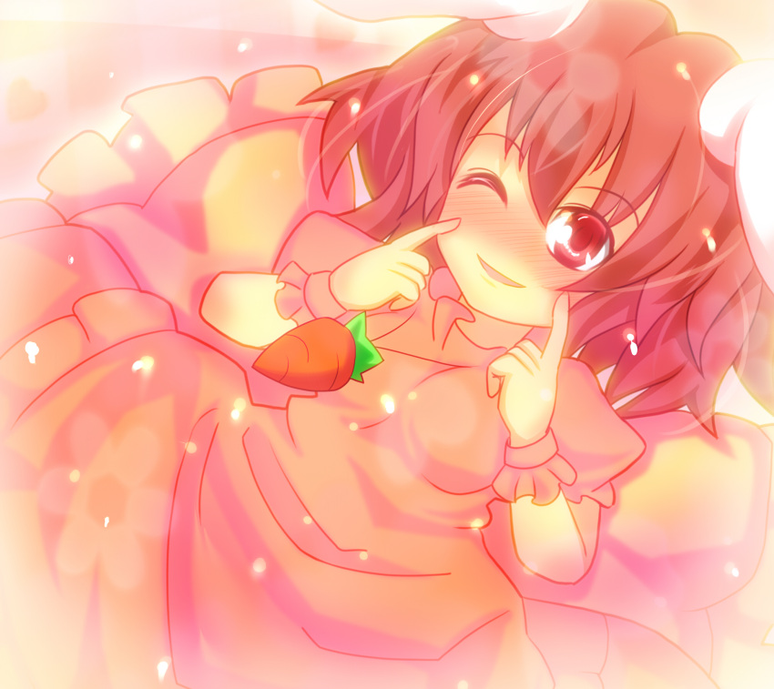 animal_ears, arms_up, blush, bunny_ears, carrot, dress, fingersmile, highres