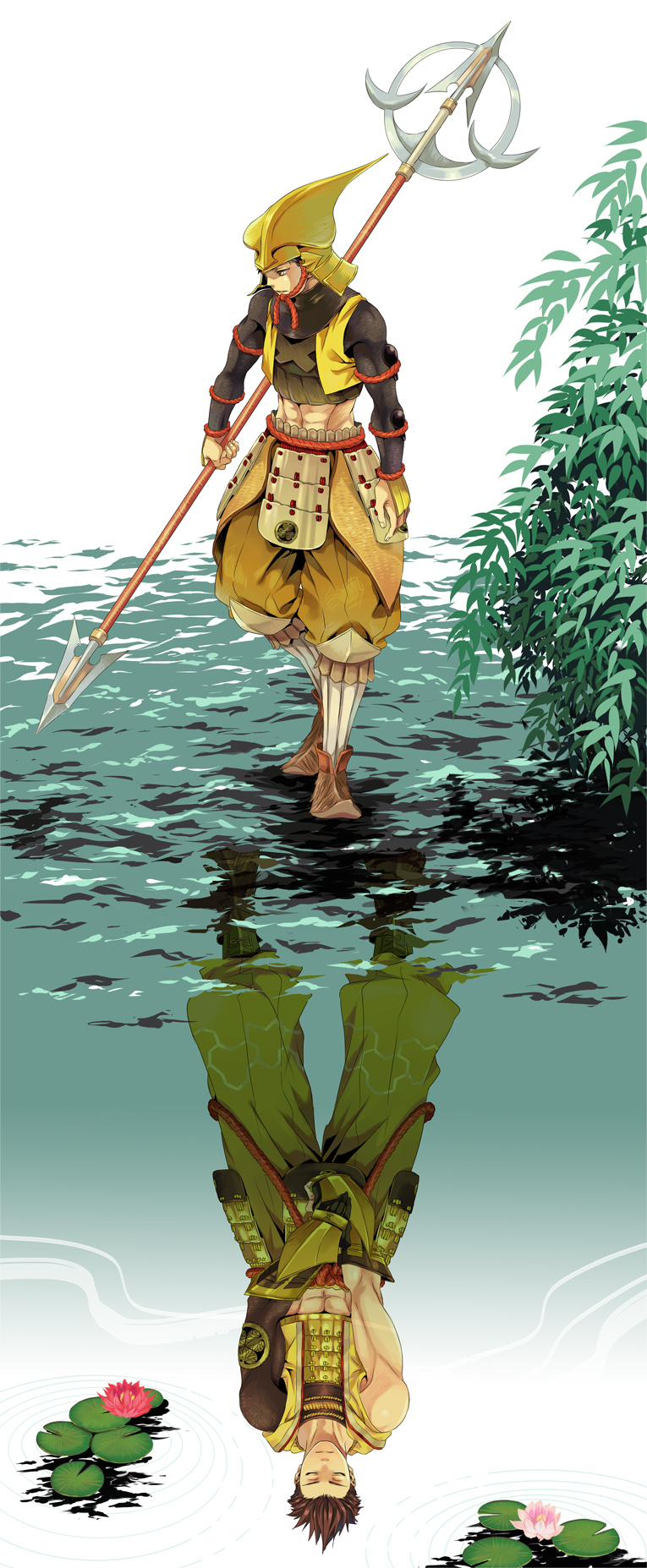 abs, armor, brown_hair, closed_eyes, different_reflection, dual_persona, eyes_closed, flower