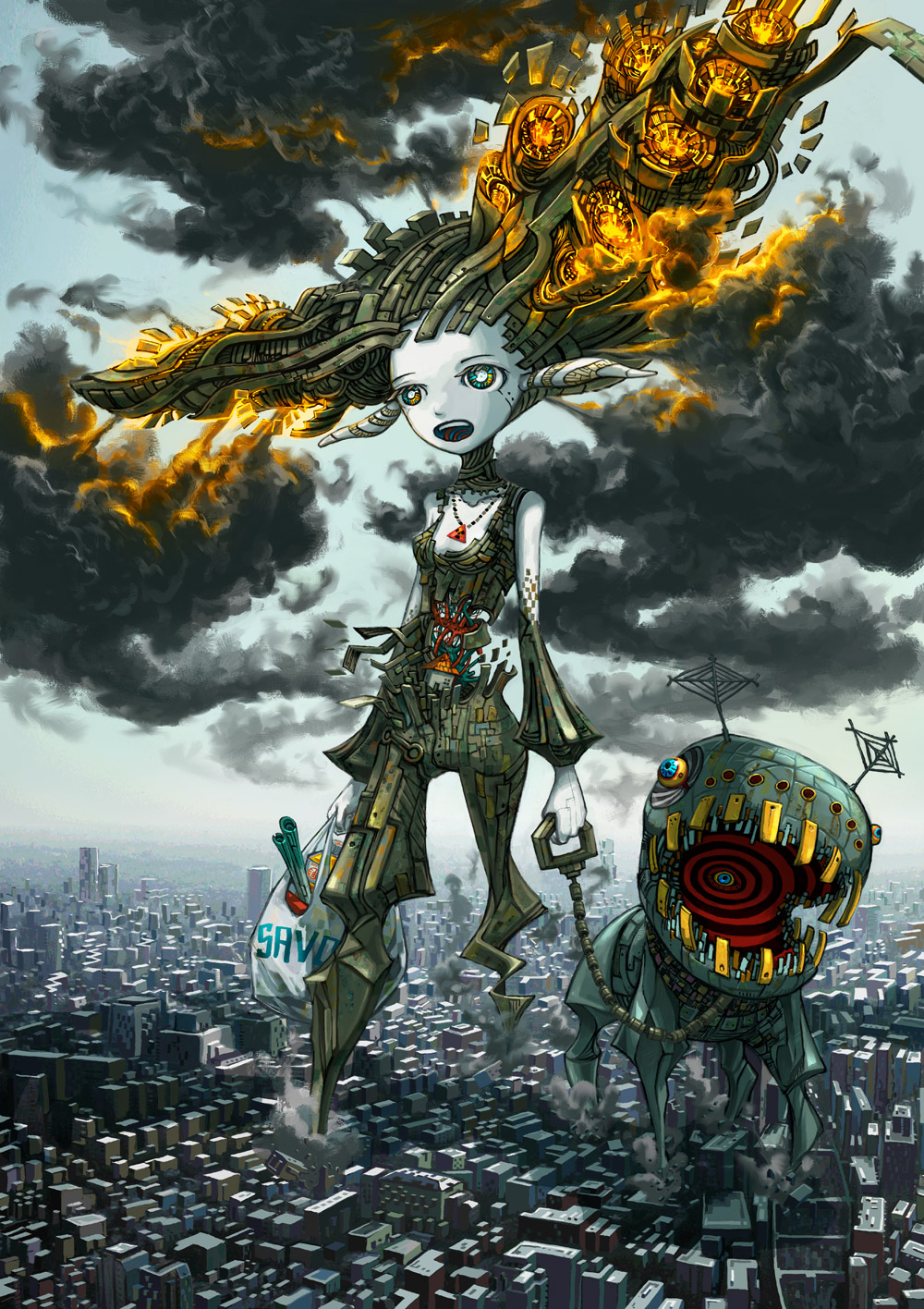 antennae, bag, blue_skin, building, city, cityscape, cloud, clouds