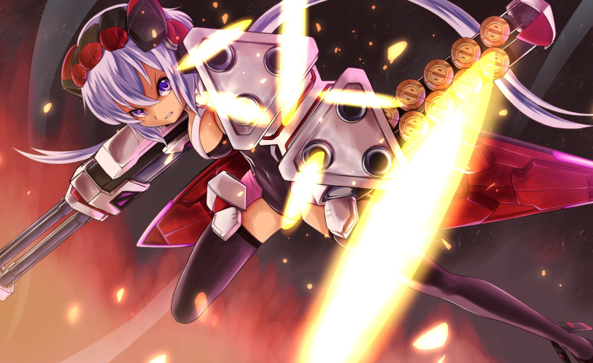 boots, futakabe, gatling_gun, grey_hair, gun, headphones, purple_eyes, purple_hair