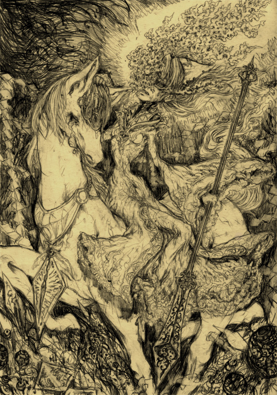 dissolving, dress, horse, katzeh, madoka_runes, mahou_shoujo_madoka_magica, monochrome, ophelia_(madoka_magica)