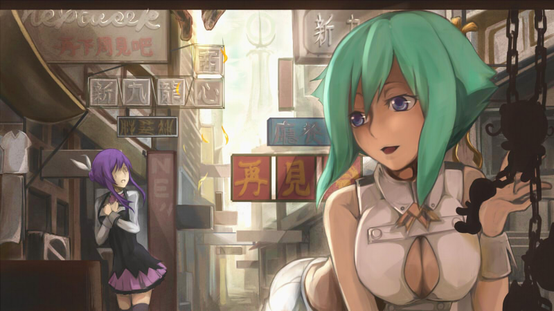 2girls, aquarion_(series), aquarion_evol, breasts, cleavage, cleavage_cutout, green_hair, hair_bun