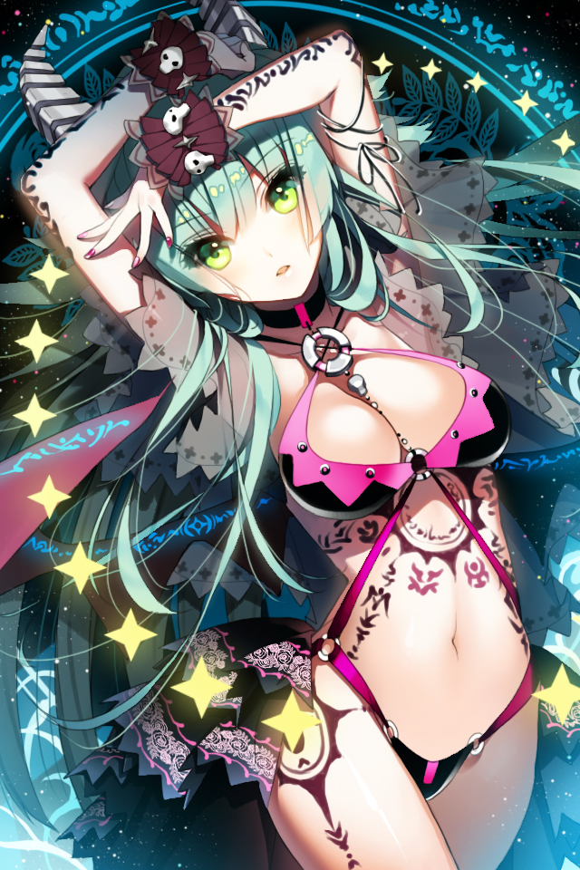 aqua_hair, arms_up, bare_legs, bikini, bracelet, breasts, cherrypin, choker, cleavage, criss-cross_halter, green_eyes, green_hair, halter_top, halterneck, horns, jewelry, large_breasts, long_hair, midriff, nail_polish, navel, o-ring_swimsuit, open_mouth, original, skull, solo, star, swimsuit, sword_girls, tattoo, wrist_cuffs