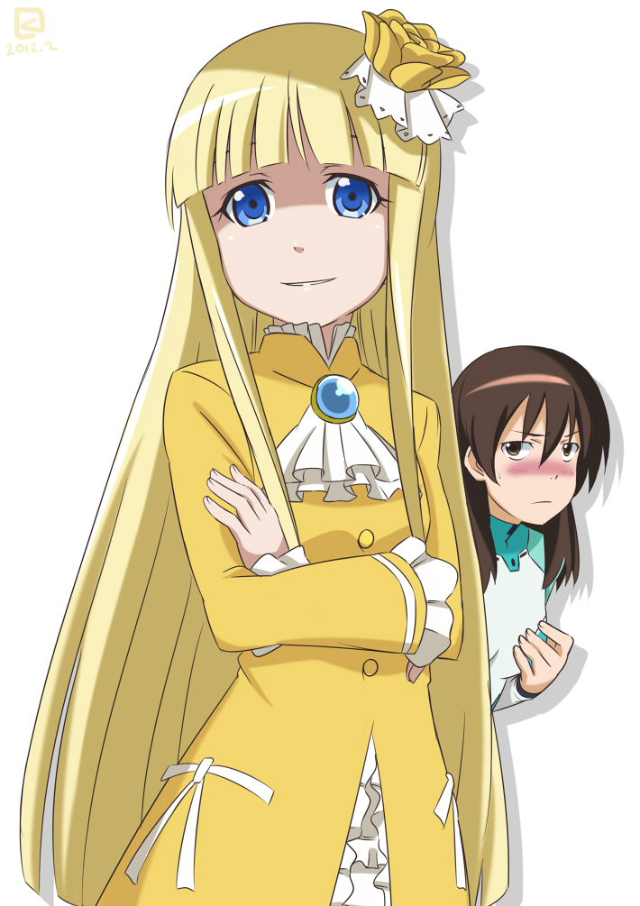 astelia_lisamarie_de_rochefort, asteria_lizamarie_de_roschefall, blonde_hair, blue_eyes, blush, breast_hold, breasts, brown_eyes
