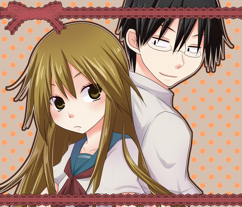 1girl, back-to-back, black_hair, brown_eyes, brown_hair, glasses, muyuka, ryuuzaki_reina, school_uniform, tanaka_manabu, yandere_kanojo