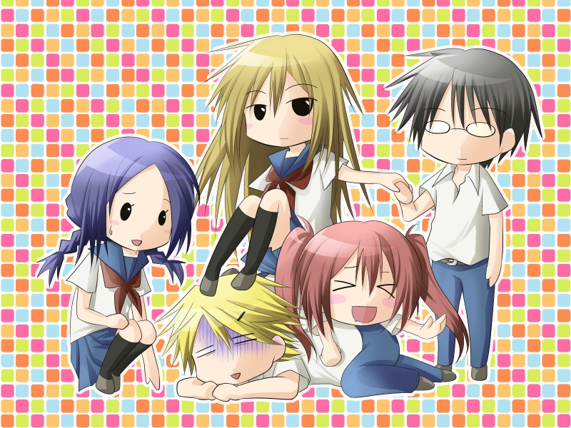 >_<, 3girls, =_=, black_hair, blonde_hair, blue_hair, blush_stickers, braid, flat_gaze, glasses, hair_ornament, hairclip, long_hair, multiple_boys, multiple_girls, neckerchief, nigu, open_mouth, pile-up, red_hair, redhead, ryuuzaki_reina, school_uniform, serafuku, shiratori_tsubasa, smile, tanaka_manabu, tanaka_mayami, turn_pale, twin_braids, twintails, yandere_kanojo, yoshimoto_hijiri
