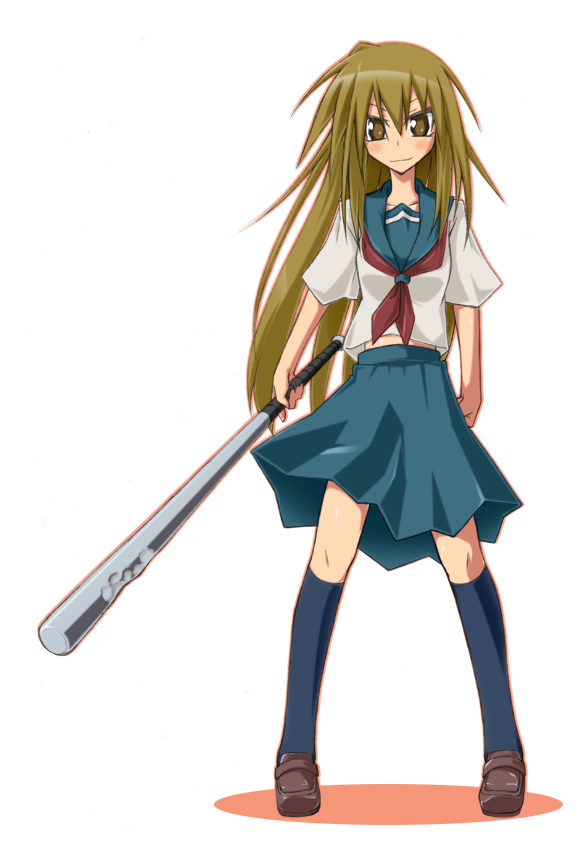baseball_bat, brown_eyes, brown_hair, fuyuki-aquarius, long_hair, ryuuzaki_reina, school_uniform, solo, yandere_kanojo