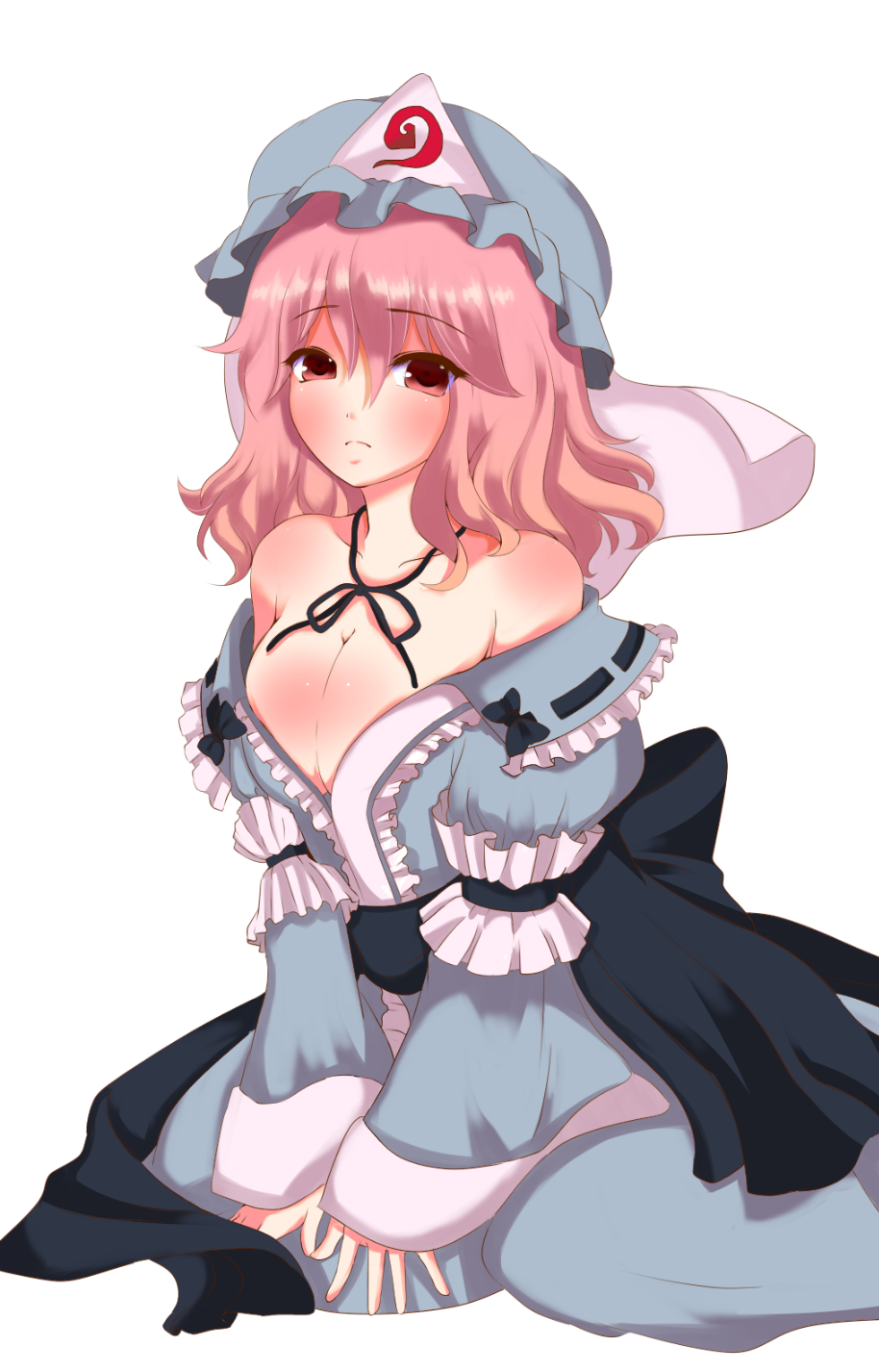 akira_b, bad_id, breasts, cleavage, colored, frown, hat, highres, japanese_clothes, obi, pink_eyes, pink_hair, ribbon, saigyouji_yuyuko, short_hair, solo, touhou, triangular_headpiece, tsukigami_chiruyo_(zeroko), zerostyle09