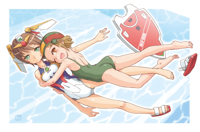 barefoot, brown_eyes, brown_hair, competition_swimsuit, green_eyes, gundam, gundam_wing, headwings