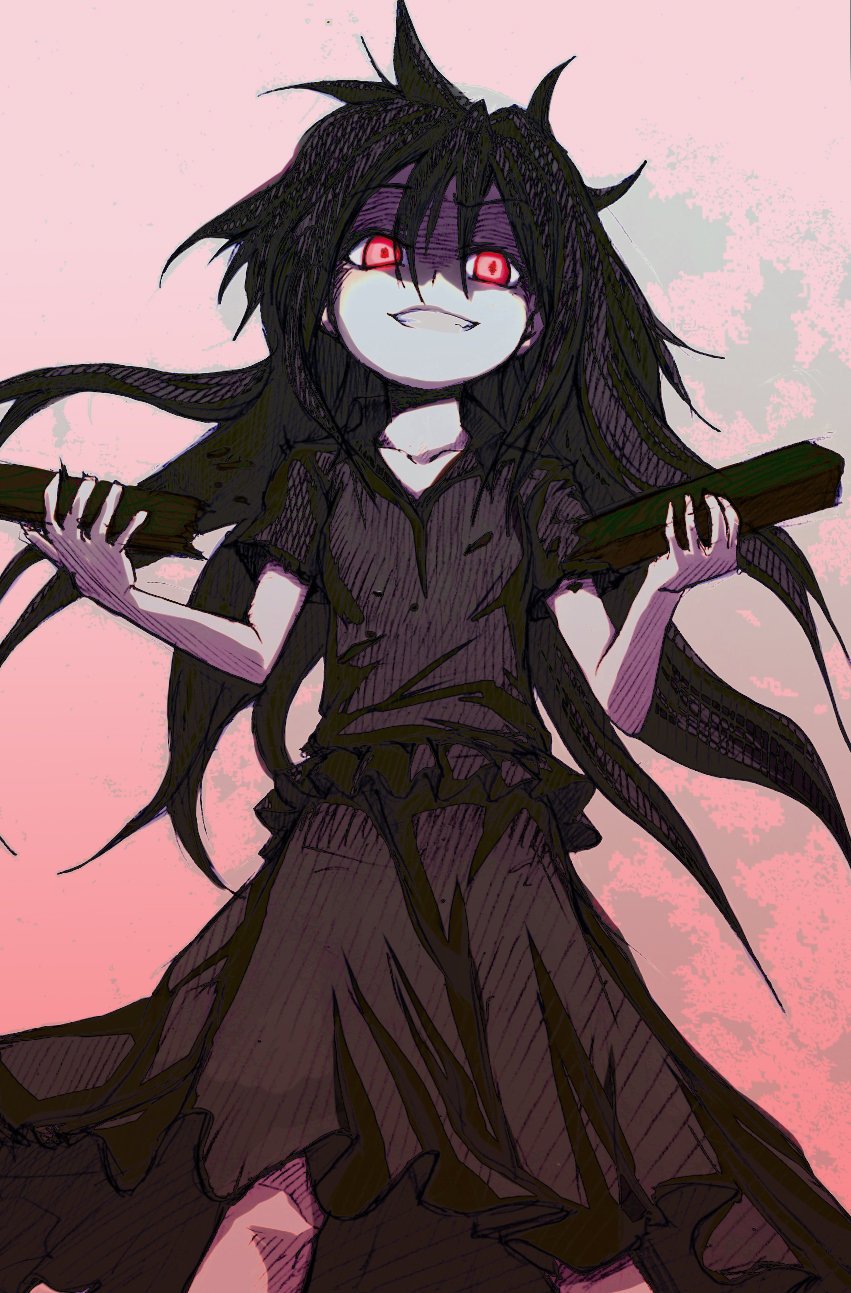 alternate_hairstyle, danshi_koukousei_no_nichijou, dark_persona, dress, evil_grin, evil_smile, glowing, glowing_eyes