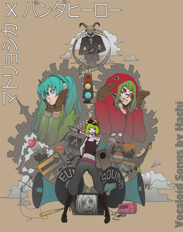 aqua_hair, bat, cat, cloud, creator_connection, gloves, green_hair, gumi, hands_on_headphones, hatsune_miku, headphones, matryoshka_(vocaloid), mrs.pumpkin_no_kokkei_na_yume_(vocaloid), multicolored_eyes, musunde_hiraite_rasetsu_to_mukuro_(vocaloid), panda_hero_(vocaloid), paper_airplane, pumpkin, rocket, stoplight, television, traffic_light, vocaloid