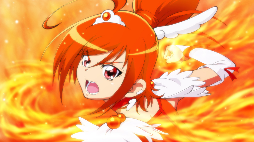 ahoge, choker, clenched_hand, cure_sunny, fire, fist, hair_bun, hino_akane, open_mouth, orange_(color), orange_hair, precure, red_eyes, smile_precure!, solo, tiara, yuuya_(yu-ya's), yuuya_(yu-ya's)