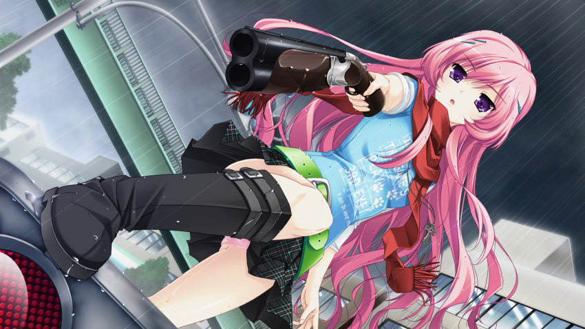 belt, boots, cloudy_sky, cross, dutch_angle, foreshortening, from_below, game_cg