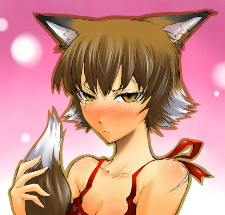 animal_ears, apron, blush, breasts, brown_eyes, brown_hair, cleavage, embarrassed