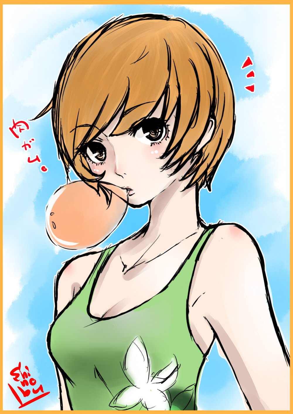 bare_shoulders, breasts, brown_eyes, brown_hair, bubble, bubblegum, cleavage, gum