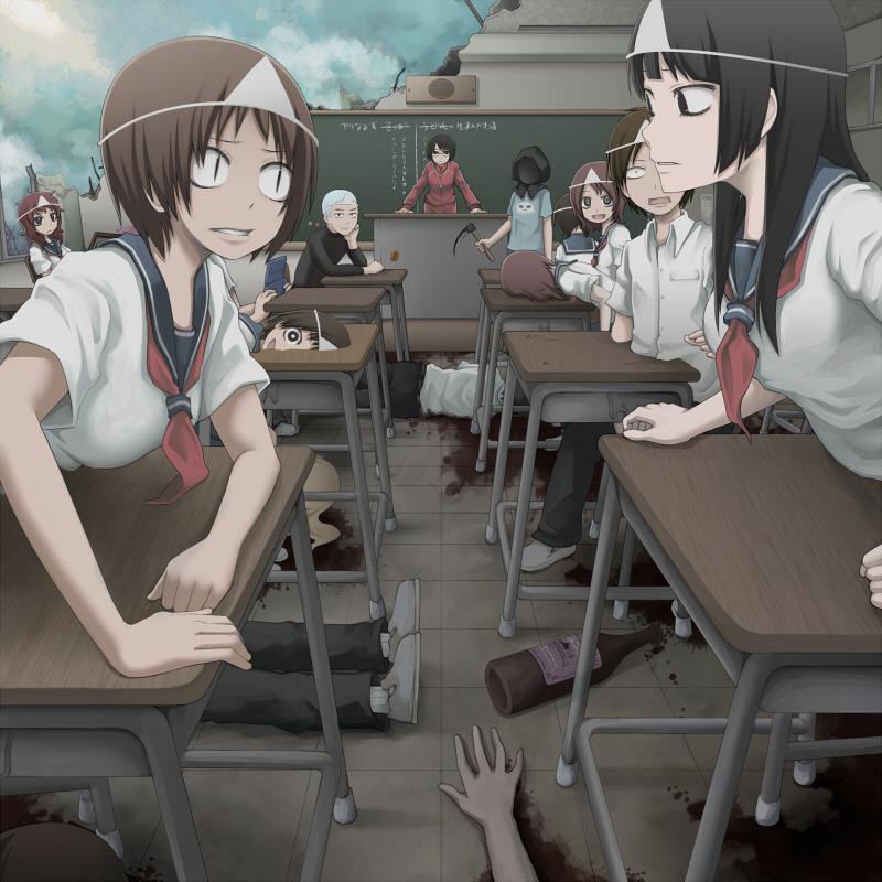 bottle, chalkboard, classroom, commentary, death, desk, ghost, hitaikakushi, multiple_boys, multiple_girls, original, ruins, school, school_uniform, scythe, shinigami, teacher, translated, triangular_headpiece, yajirushi_(chanoma)