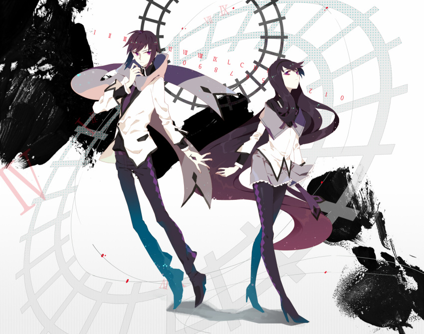 1girl, akemi_homura, dual_persona, genderswap, las_z, long_hair, mahou_shoujo_madoka_magica, pantyhose, purple_eyes, roman_numerals, scarf, short_hair, very_long_hair, violet_eyes