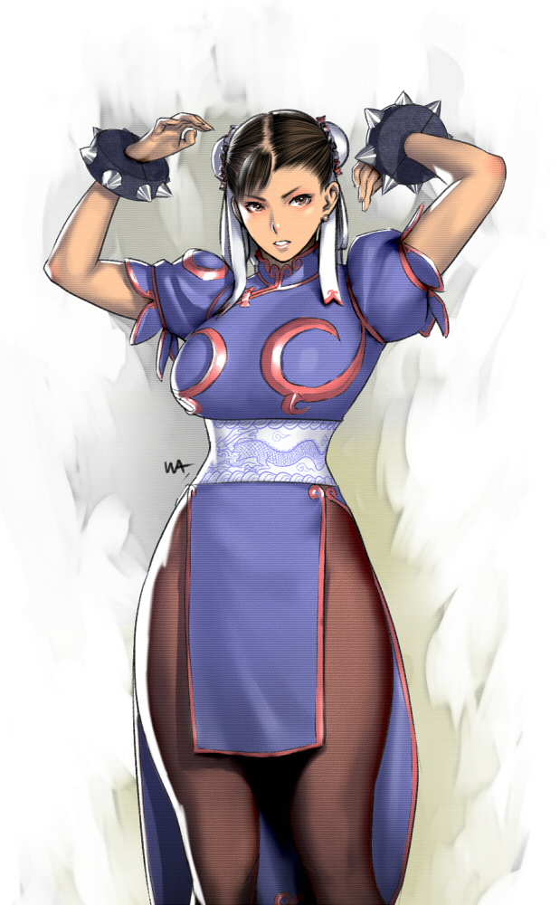 bracelet, brown_eyes, brown_hair, bun_cover, capcom, china_dress, chinese_clothes, chun-li, double_bun, earrings, jewelry, pantyhose, side_slit, solo, spiked_bracelet, spikes, street_fighter, wakino_keibun