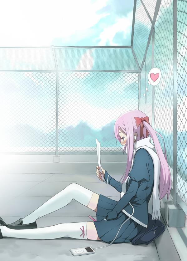 1girl, aoten, blush, chainlink_fence, digital_media_player, earphones, hair_ribbon, heart