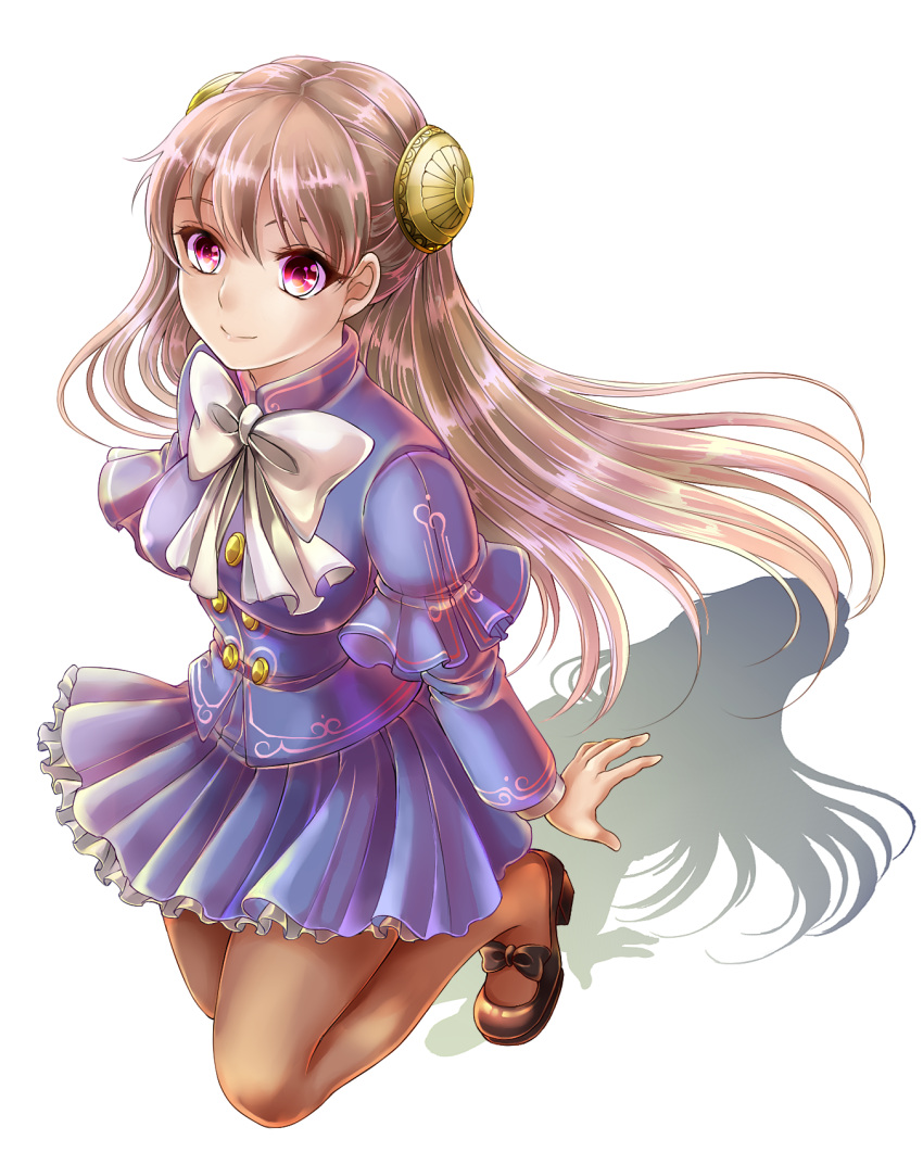 blonde_hair, bow, breasts, brown_hair, brown_legwear, bun_cover, capcom, capcom_fighting_evolution, capcom_fighting_jam, dress, gloves, hairpods, highres, ingrid, long_hair, looking_at_viewer, mary_janes, miniskirt, pantyhose, red_eyes, shadow, shoes, simple_background, skirt, solo, tage, tage_(meyasubako)