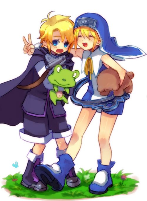 :d, bad_id, blazblue, blonde_hair, blue_eyes, blush, boots, bridget, bridget_(guilty_gear), carl_clover, closed_eyes, eyes_closed, frog, grass, guilty_gear, male, miyadevil, multiple_boys, no_glasses, open_mouth, shorts, smile, stuffed_animal, stuffed_toy, teddy_bear, trap, v