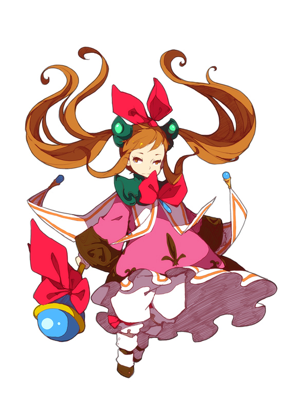 bloomers, bow, brown_eyes, brown_hair, dress, expressionless, hair_bow, long_hair