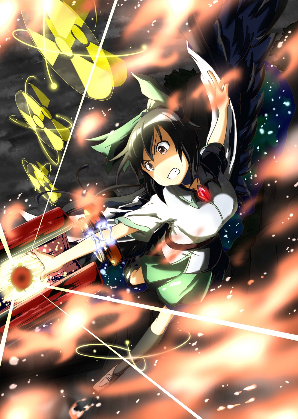 arm_cannon, black_hair, black_legwear, blouse, bow, brown_eyes, cape, clenched_teeth, danmaku, flying, hair_bow, highres, kneehighs, long_hair, nuclear_symbol, open_mouth, radiation_symbol, reiuji_utsuho, ribbon, shoes, skirt, solo, third_eye, touhou, weapon, wings, yuuichi, yuuichi_(reductionblack)