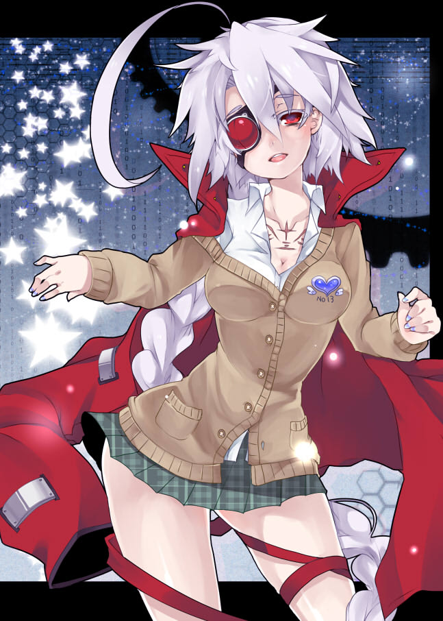 ahoge, blazblue, braid, braided_hair, eyepatch, looking_at_viewer, miniskirt, nail_polish, nu-13, red_eyes, ribbon, school_uniform, shirt, skirt, solo, sweater_vest, uzukinoko, white_hair