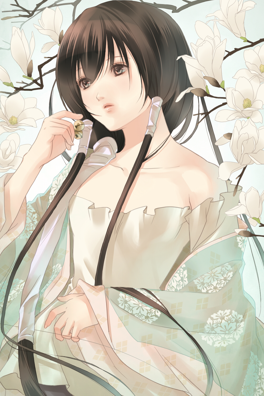 1boy, bare_shoulders, bell, brown_eyes, brown_hair, flower, fuuchouin_kazuki, getbackers, hair_tubes, highres, hirai_chika, long_hair, looking_away, looking_to_the_side, magnolia, male, off_shoulder, papillon10, solo, trap, upper_body
