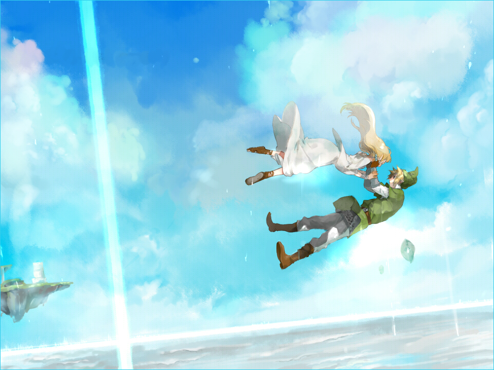 belt, blonde_hair, boots, dress, falling, gloves, hat, link, long_hair, long_sleeves, nintendo, pants, princess_zelda, sky, skyward_sword, the_legend_of_zelda, tunic, tyamori