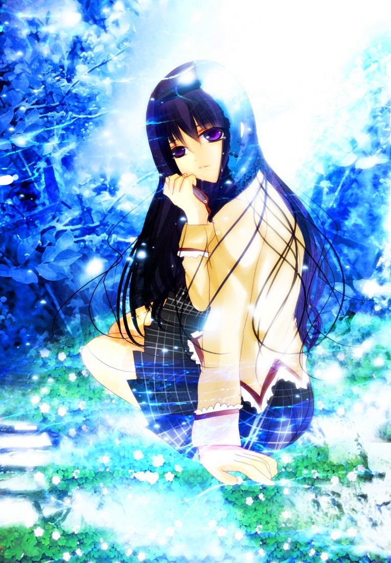 blue, cellphone, clover, flower, green, kanade_sakura, long_hair, mahou_shoujo_madoka_magica